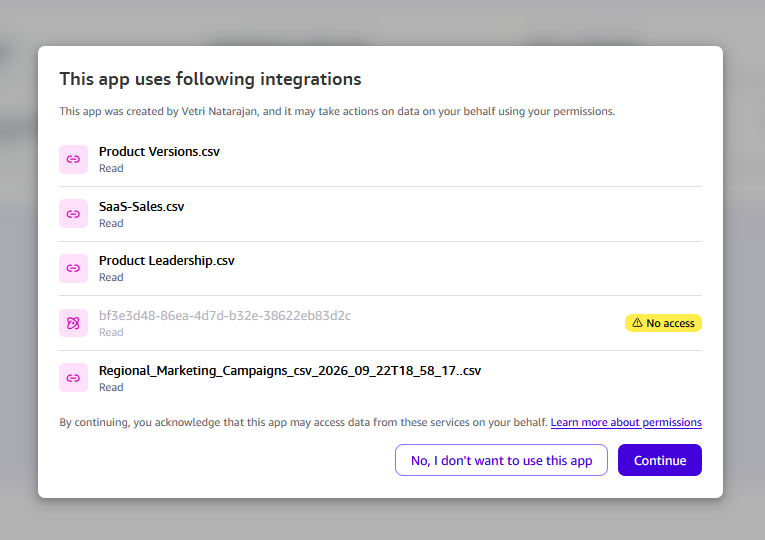 First-time viewer consent prompt requesting access to the app’s datasets