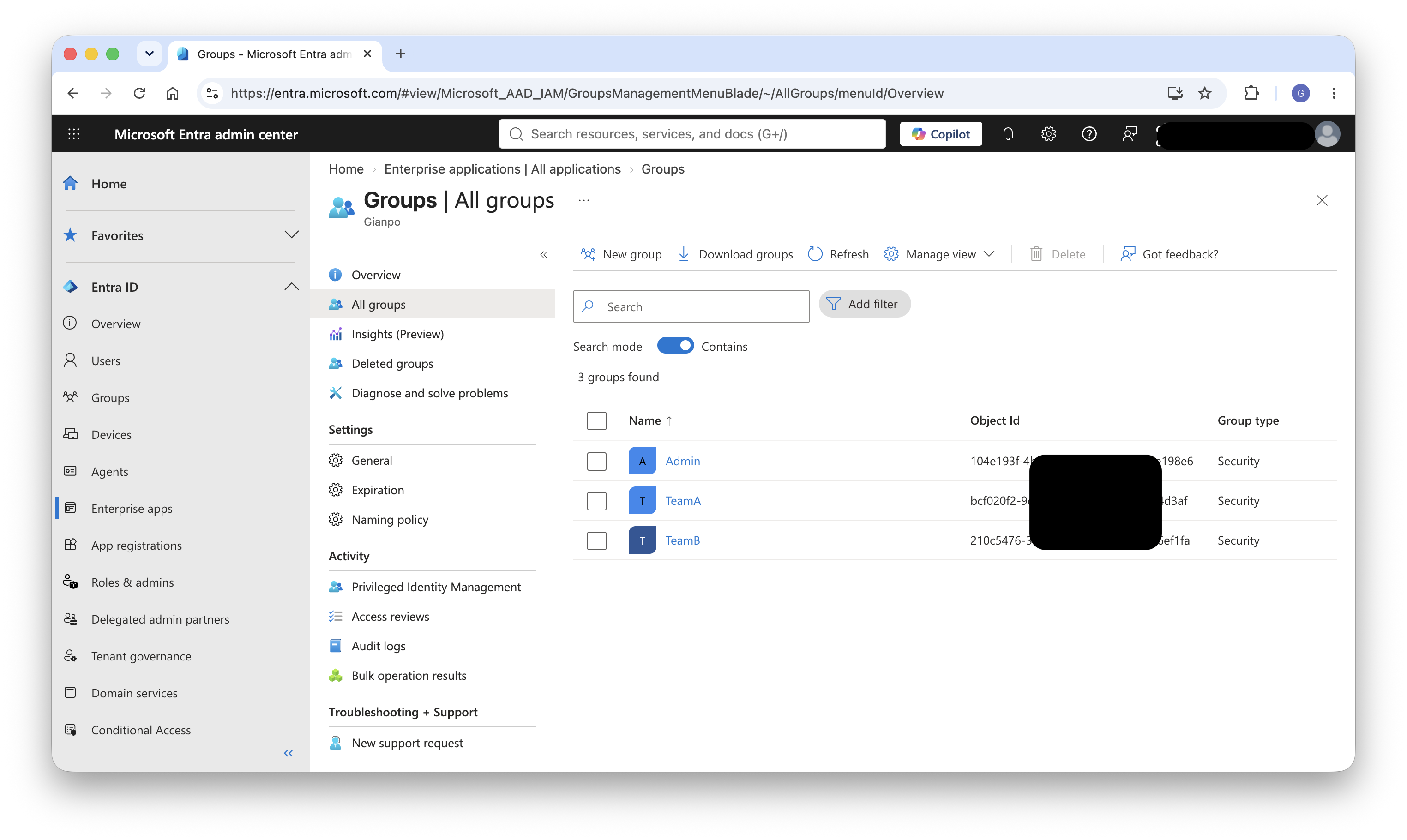 Microsoft Entra ID console showing dedicated groups for TeamA, TeamB, and Admin