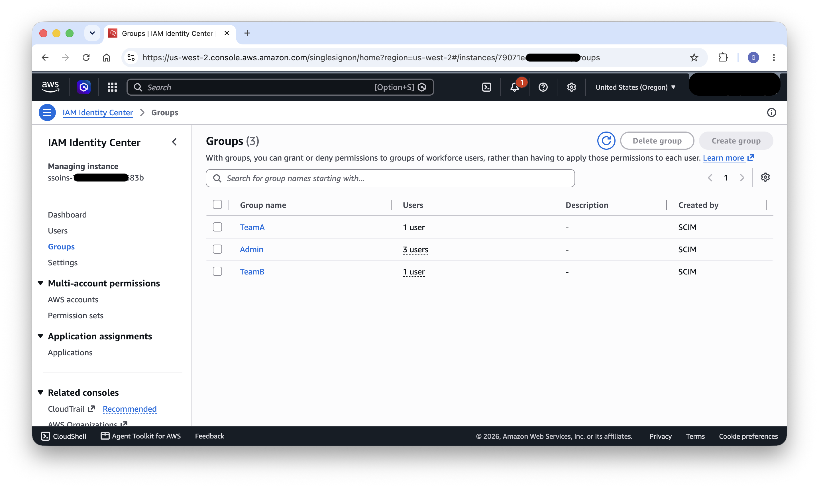 AWS IAM Identity Center console showing TeamA, TeamB, and Admin groups provisioned from Entra ID