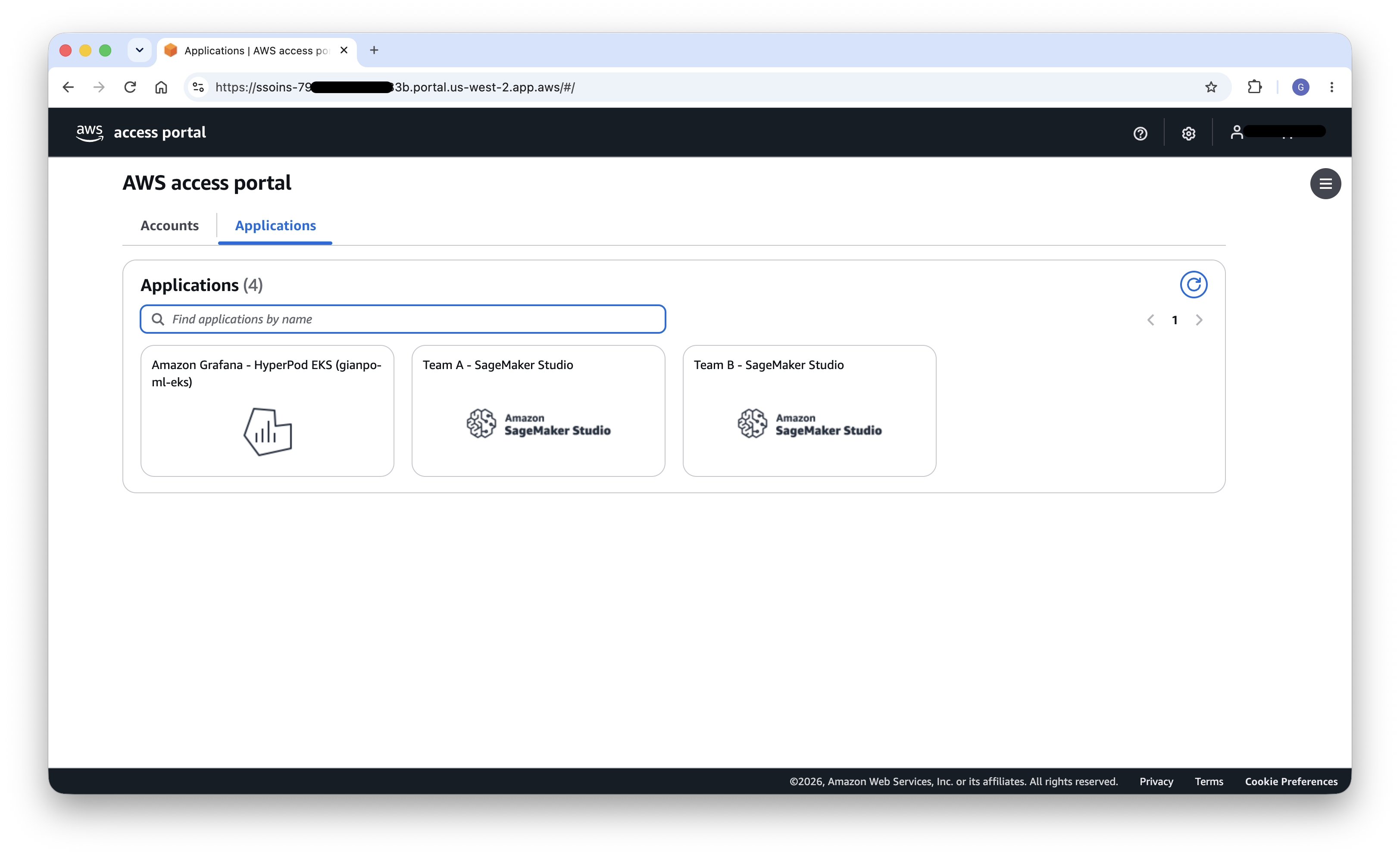 AWS access portal showing assigned SageMaker Studio and Amazon Managed Grafana applications