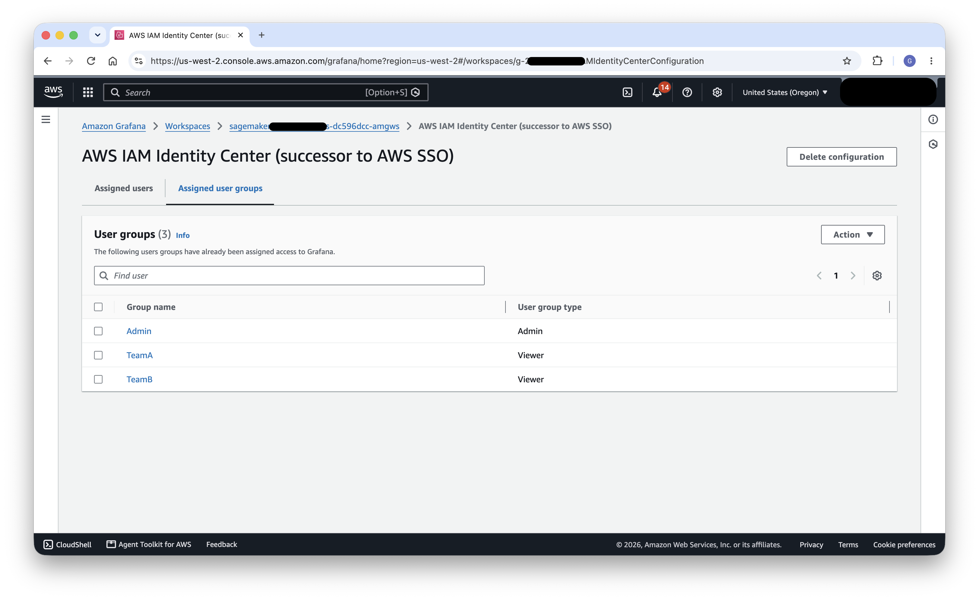 Amazon Managed Grafana role assignments with team groups as Viewers and the admin group as Admin