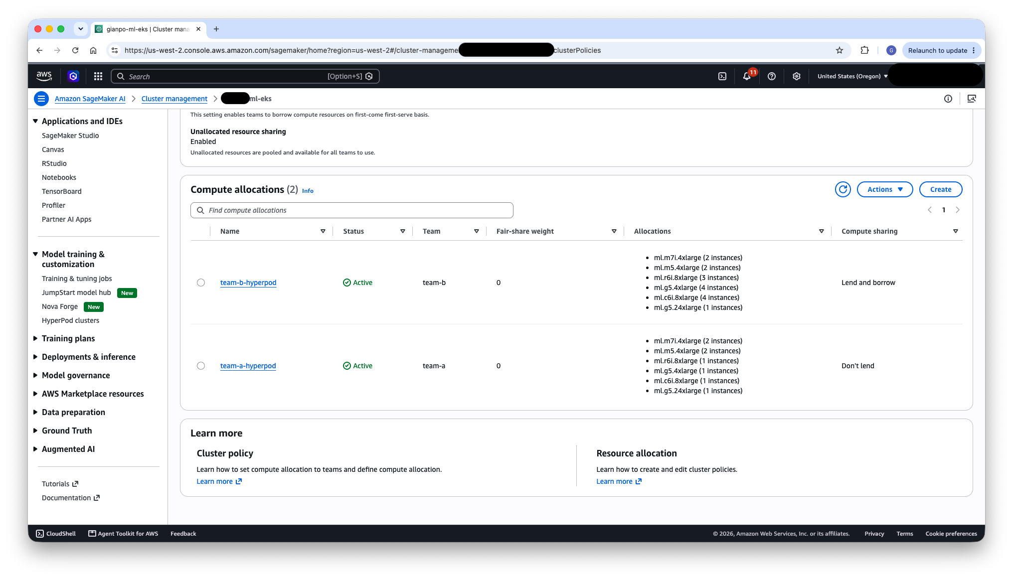 HyperPod Task Governance compute allocations assigning each team a quota