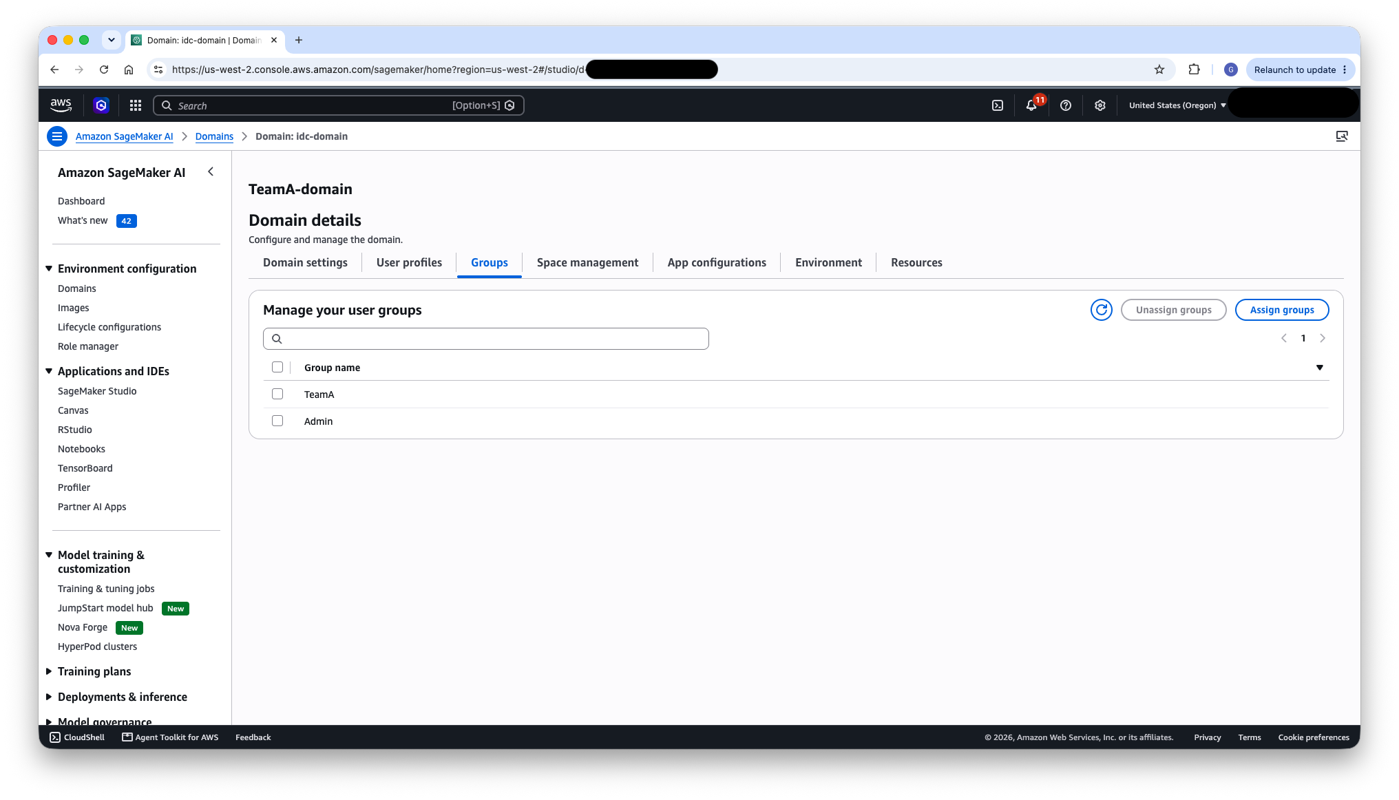 TeamA-domain details page showing assigned Identity Center groups