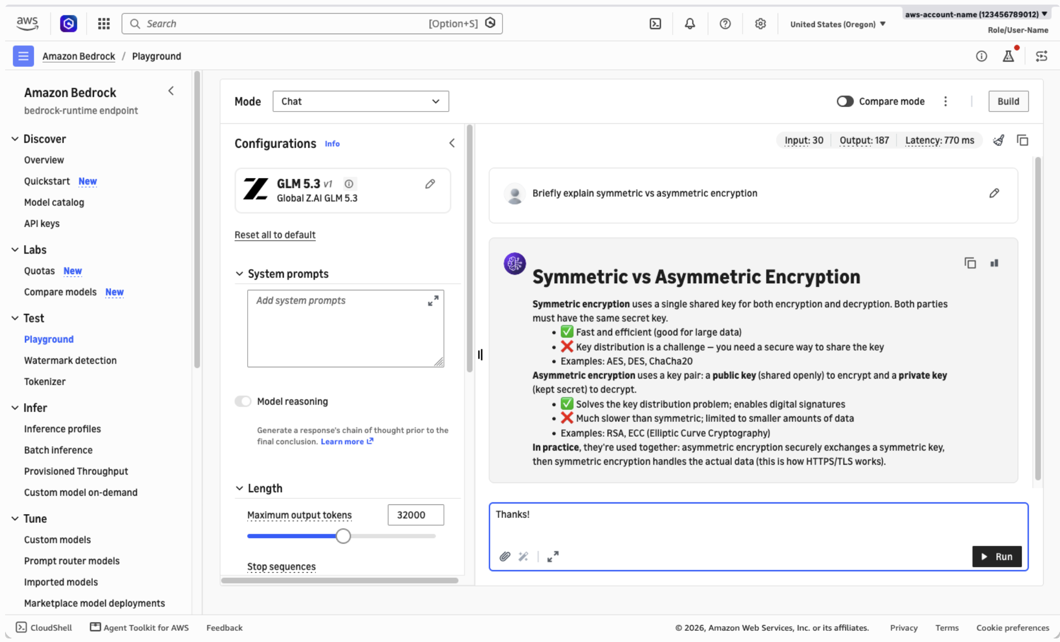 [Amazon Bedrock Playground screenshot showing chat interface with GLM 5.3 model explaining symmetric vs asymmetric encryption. Response includes detailed comparison with checkmarks and X marks highlighting key differences, examples like AES and RSA, a]
