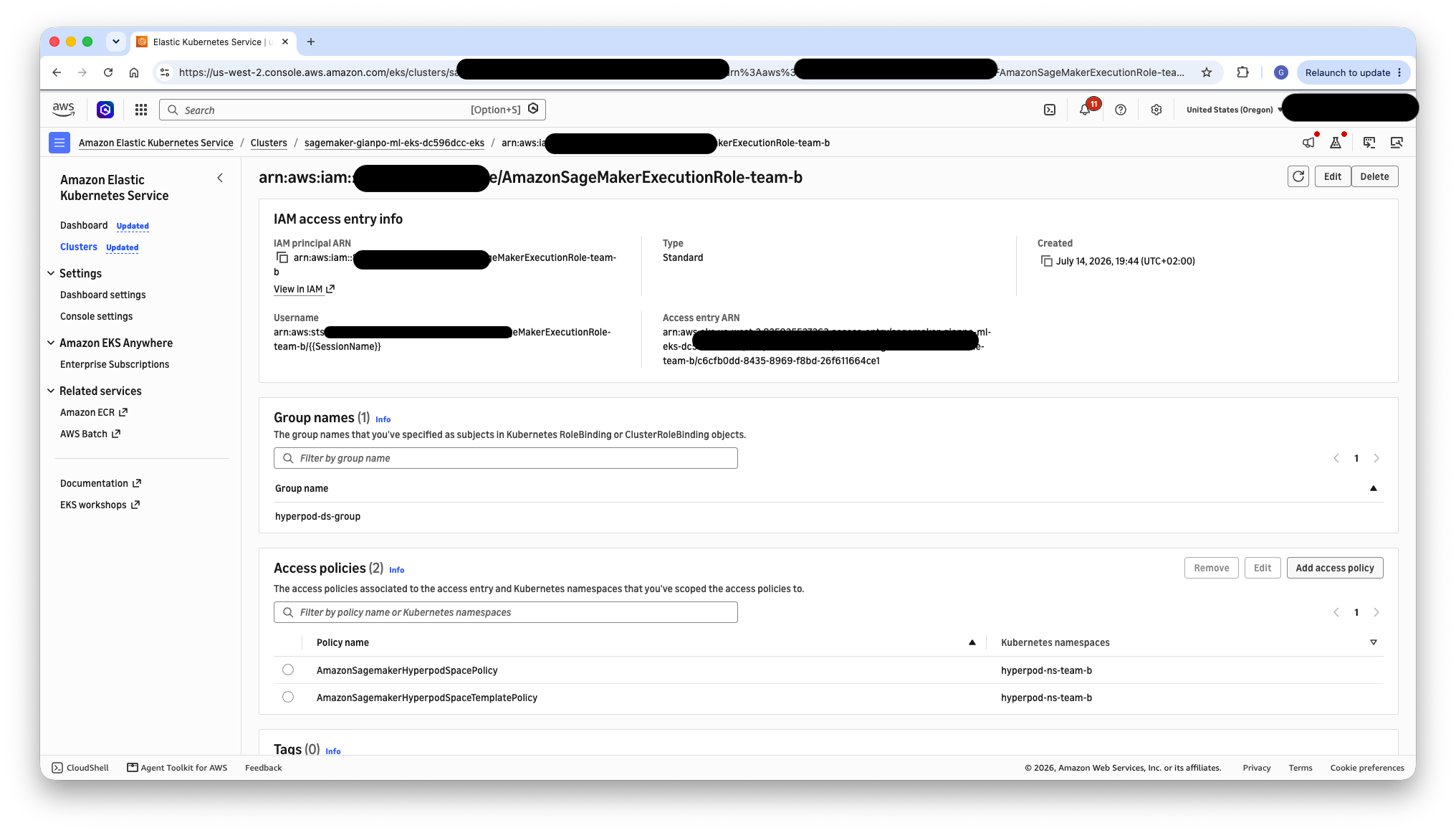 EKS access entry for Team B’s role scoped to the hyperpod-ns-team-b namespace