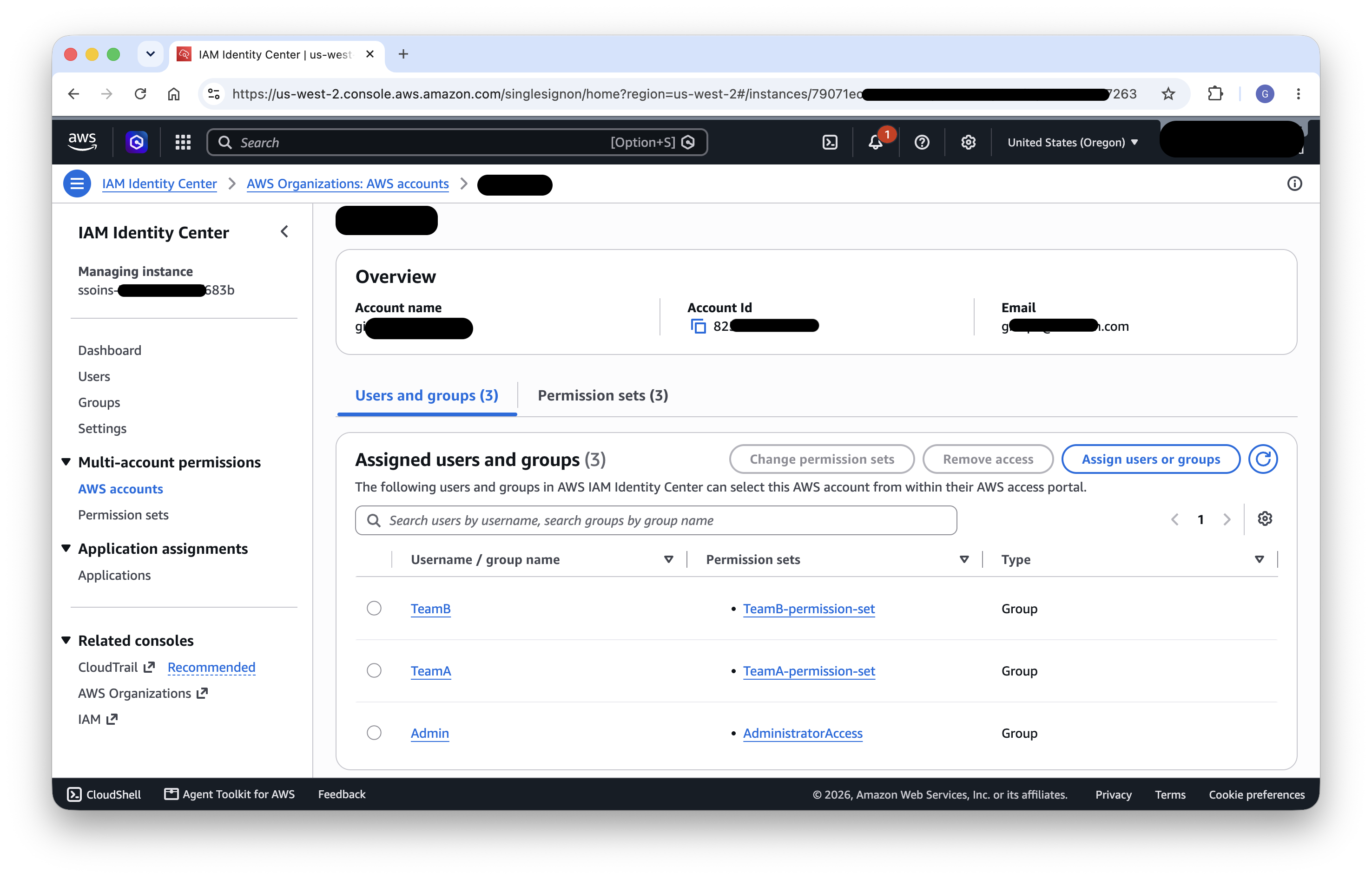 AWS IAM Identity Center console showing per-team permission sets for CLI access