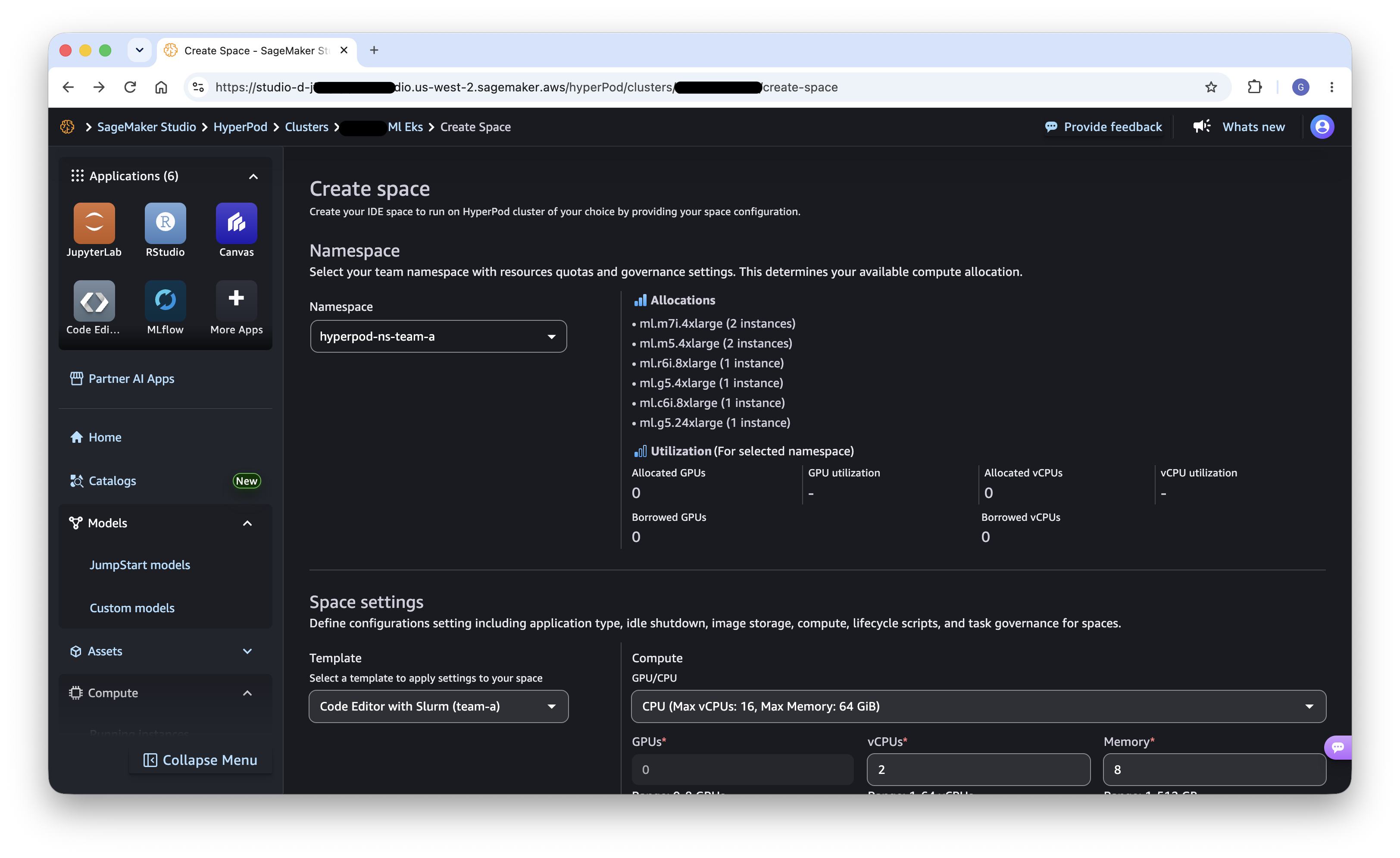 SageMaker Studio UI for creating a HyperPod Space from a namespace-scoped template