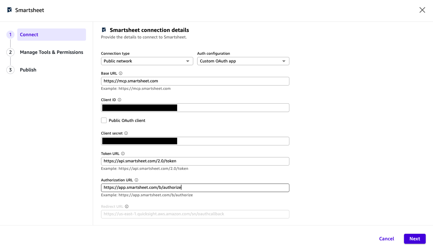Smartsheet connection details form in Amazon Quick with base URL, client ID, client secret, token URL, and auth URL fields