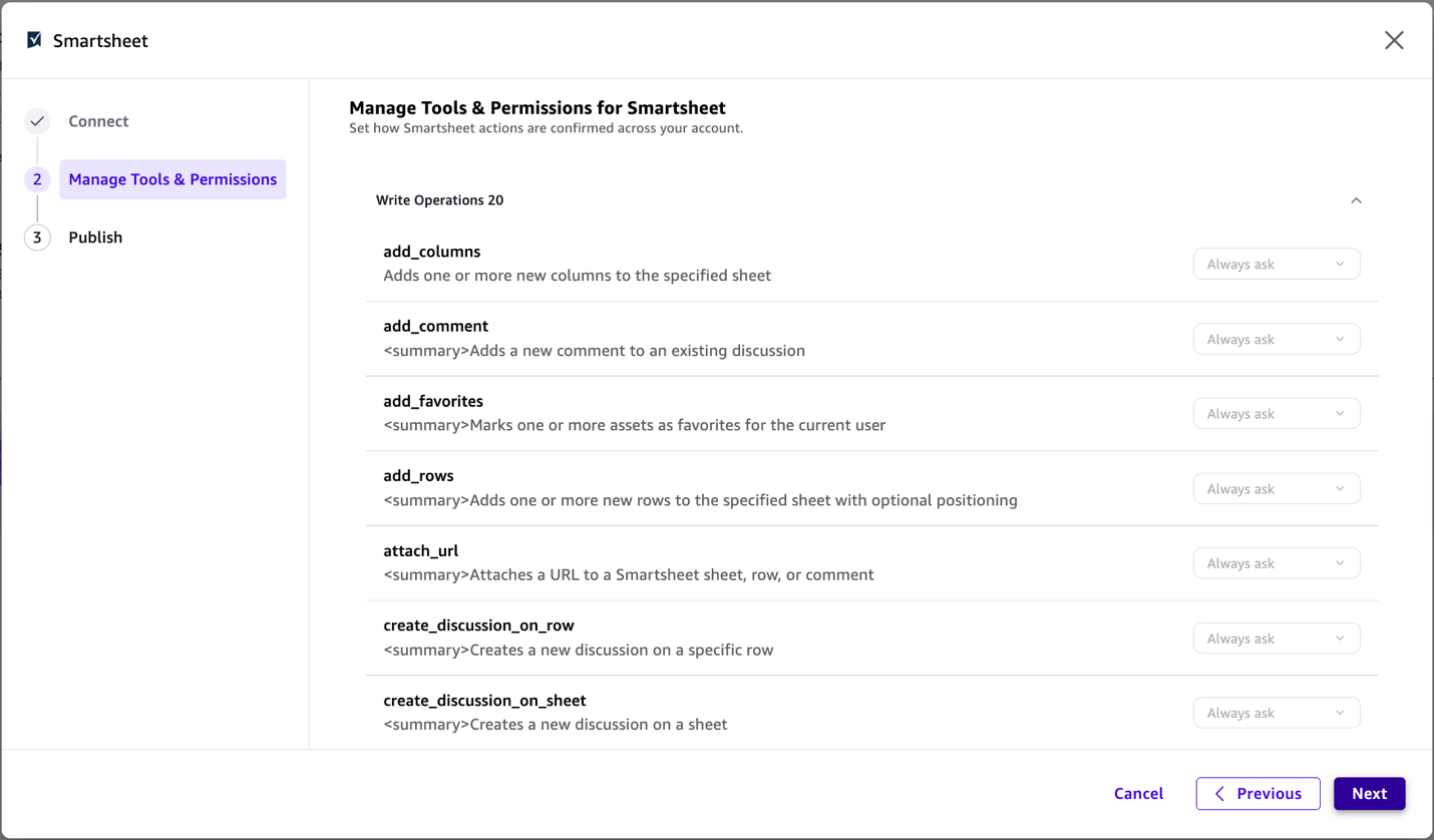 Manage Tools and Permissions page listing the available Smartsheet tools in Amazon Quick