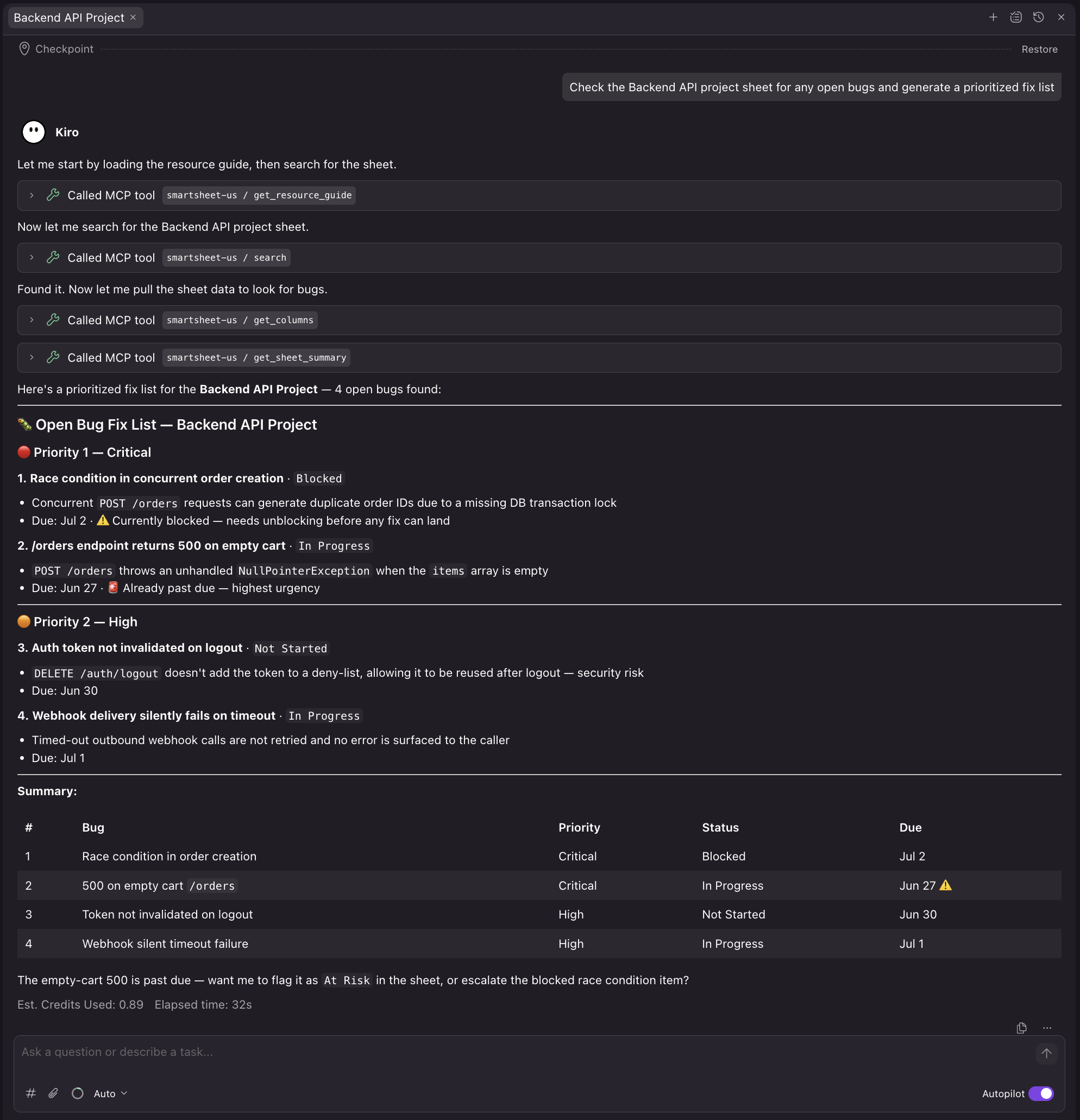 Kiro generating a prioritized fix list from open bugs in the Backend API Smartsheet project sheet