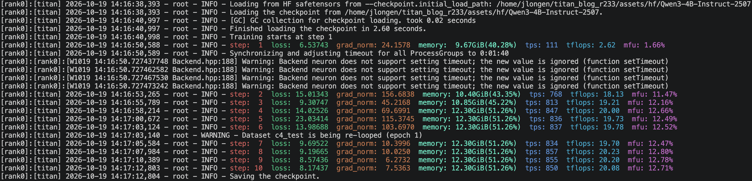 Training output showing a step 1 loss of 6.54 and the exported checkpoint loading with no missing or unexpected keys