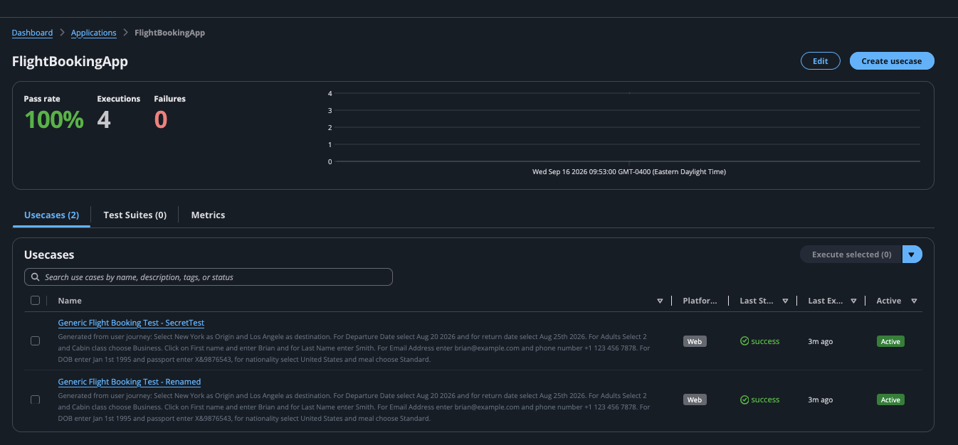 QA Studio application detail page showing pass rate, executions, and failures above the use cases and test suites tabs