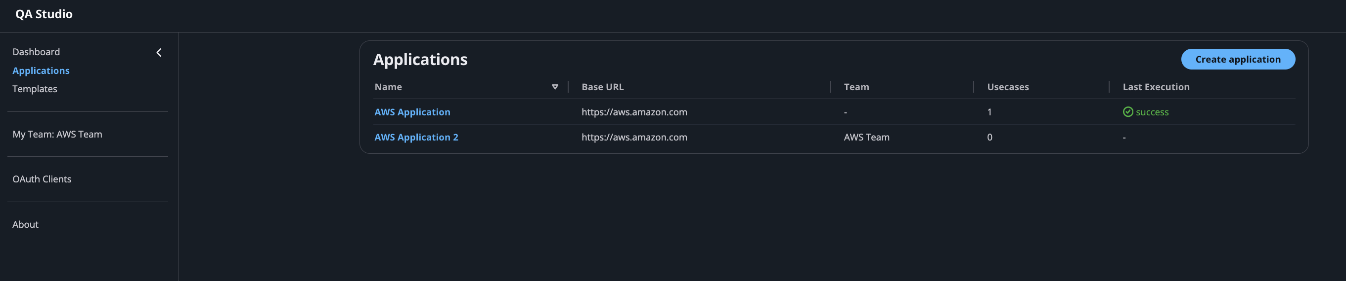 QA Studio studio-wide Applications list showing each application’s base URL, owning team, use-case count, and last execution status