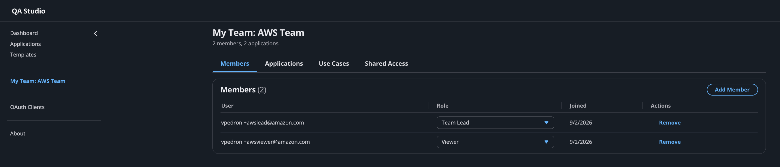 Team lead Members tab with an inline role selector for each team member