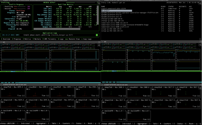 aiperf output panes showing time to first token, inter-token latency, and throughput metrics for the deployed model