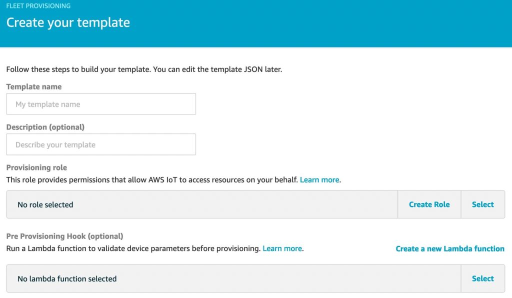 This image shows the portion of the AWS Management Console where you create your provisioning template.