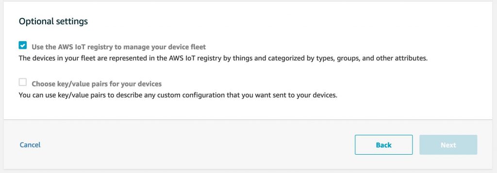 This image shows the optional settings you can select when setting up your AWS IoT Fleet Provisioning template