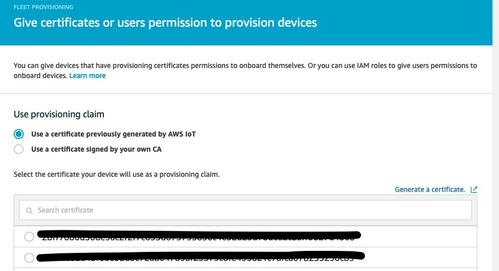 This image shows where you can give certificates or users permission to provision devices in the AWS Management Console