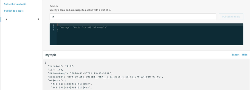 This shows MQTT messages start to show up on this console after the app successfully runs in the AWS IoT console