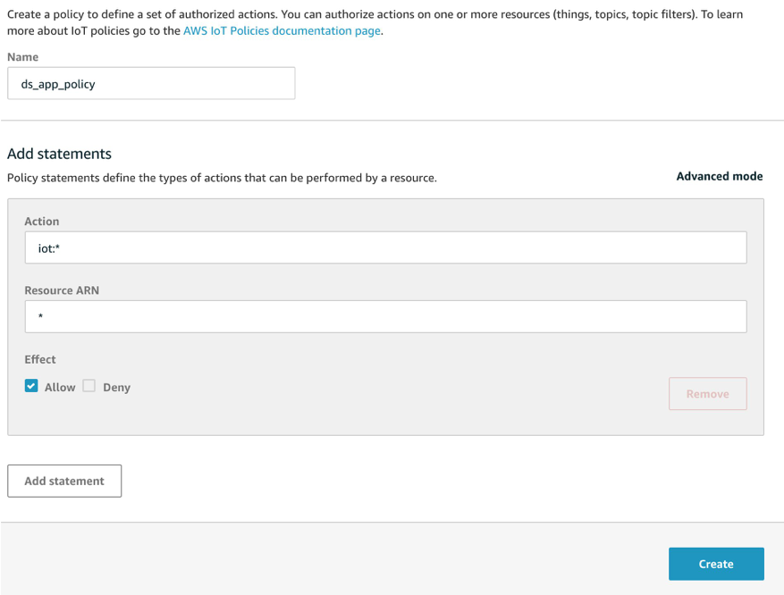 A window that will appear to help you create a policy in the AWS IoT Core management console