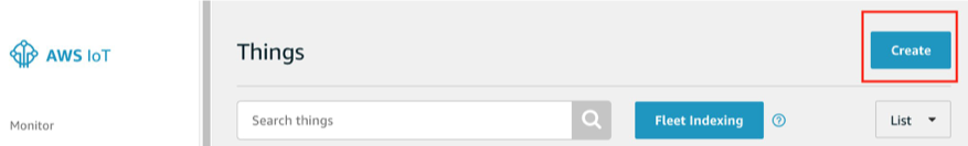 This picture shows the left-side of the AWS IoT console choose Manage->Things. On the right upper corner, select Create to start the process of creating a thing on AWS IoT