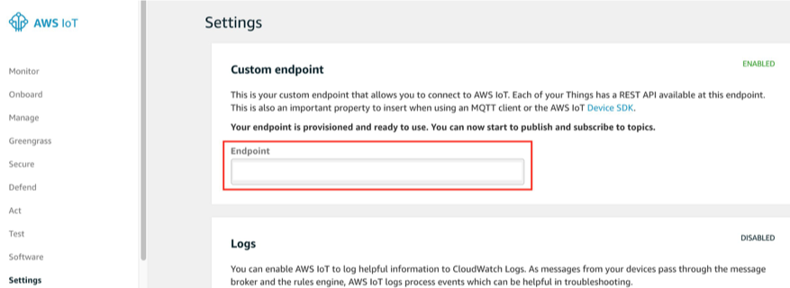 This shows where you replace <YOUR IOT HOST ADDRESS> with your AWS IoT Endpoint URL, which is located in the AWS IoT console → Settings, in the box labeled Endpoint in the AWS IoT Console