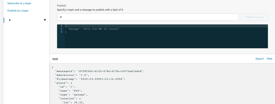 This shows MQTT messages start to show up on the console after the app successfully runs in AWS IoT Core console