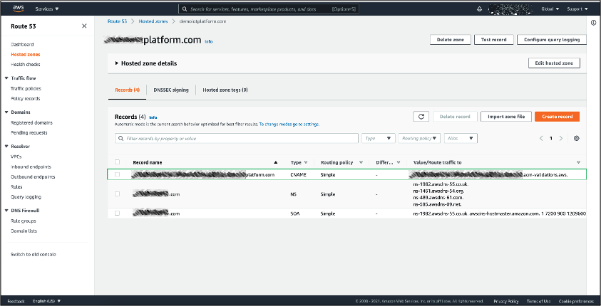 Record for DNS validation in your Route 53 hosted zone