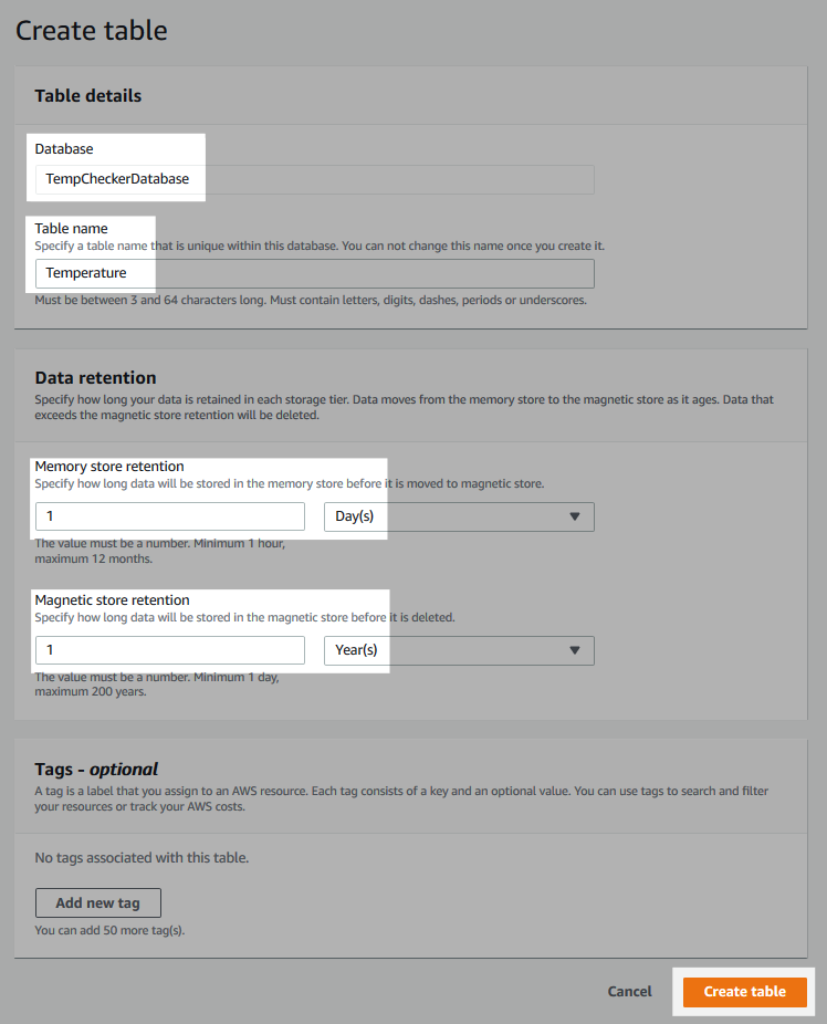 Screenshot of the table creation form.