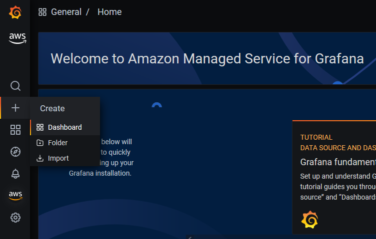 Screenshot of the Grafana welcome page with Create menu unfolded.