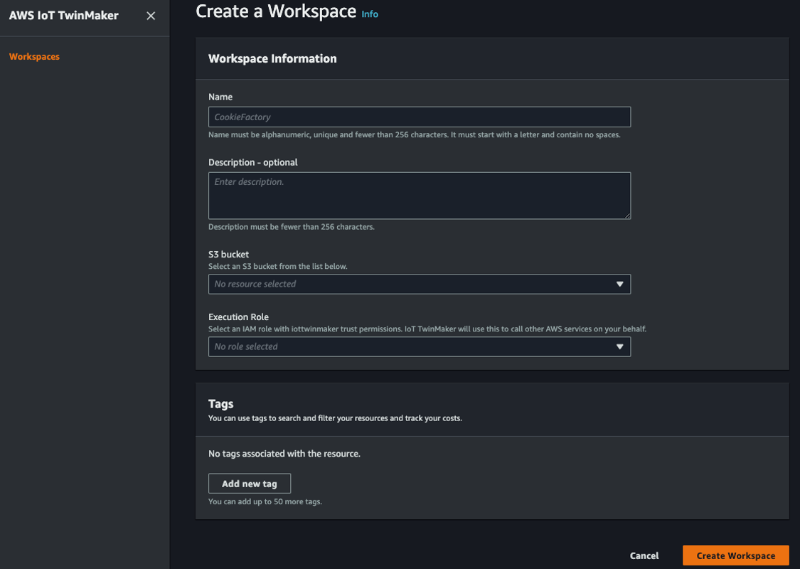 User interface for creating a workspace in AWS IoT TwinMaker