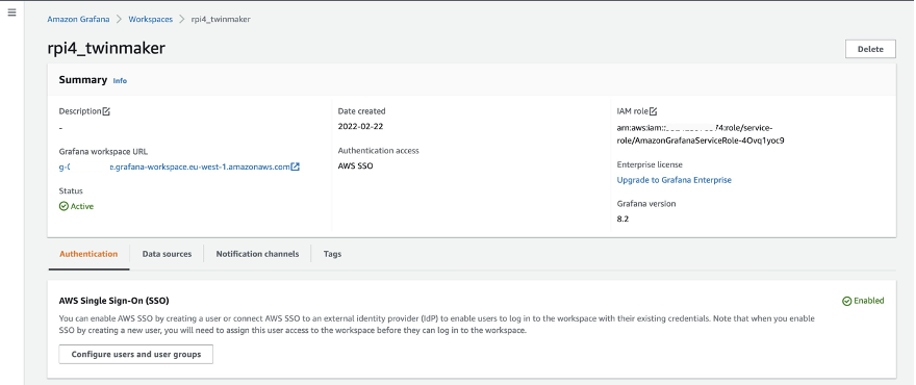 Figure 2: The Amazon Managed Grafana workspace is ready. IAM role is displayed in the top right corner