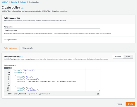 AWS IoT Core コンソールでの IoT ポリシーの作成