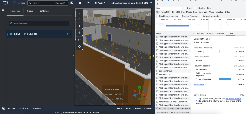 IoT TwinMaker scene with the original CF_BUILDING.glb – S3 GetObject network call timing tab shows >20s of load time