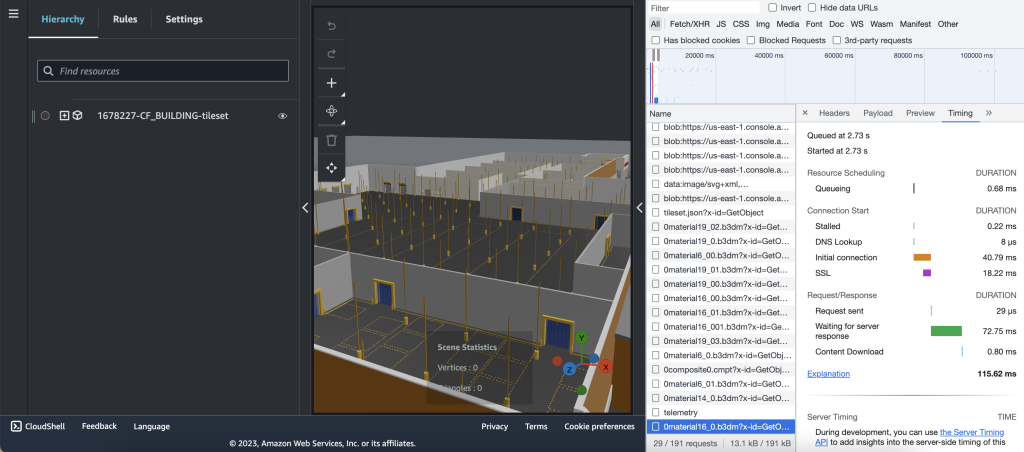 IoT TwinMaker scene with the cookie factory 3D tileset – accumulation of S3 GetObject network calls complete within 1 second as seen on the request timeline