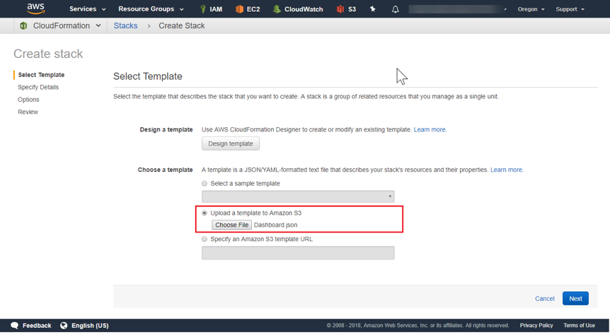 Screen shot of CloudFormation's interface. There is a read box around the "Upload a template to Amazon S3"