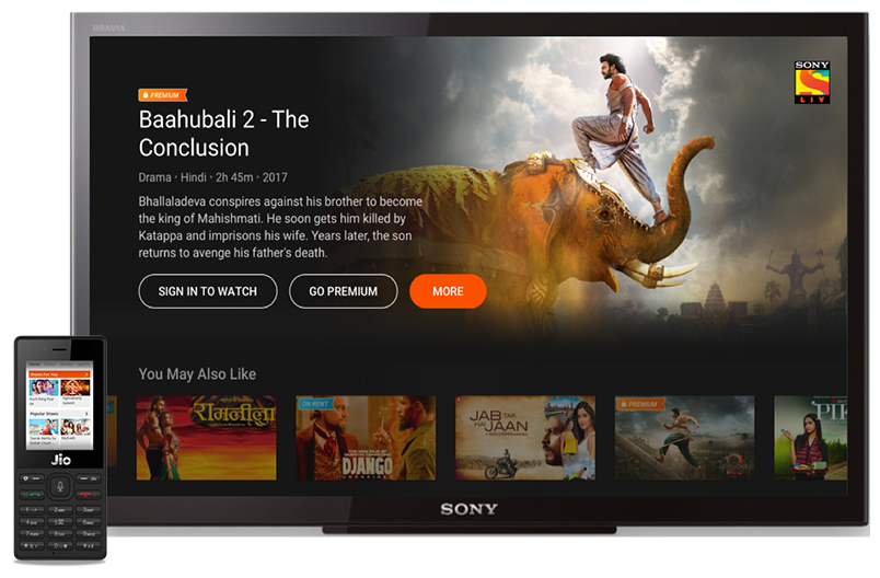 SonyLiv homescreen featuring Baahubali 2 - The Conclusion and the SonyLiv homescreen on a mobile phone