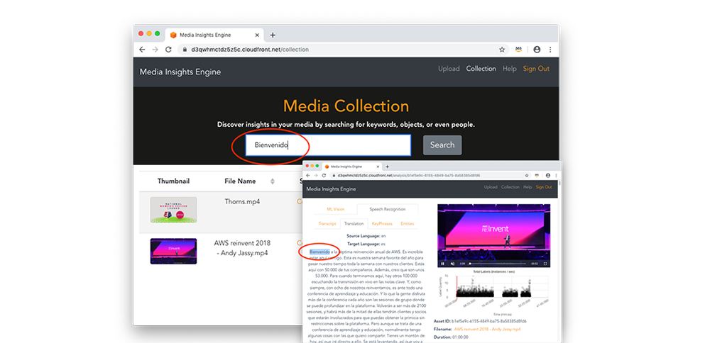 Screen capture of the Media Insights Engine interface with "Bienvenido" in the query bar to search the engine for relevant media assets