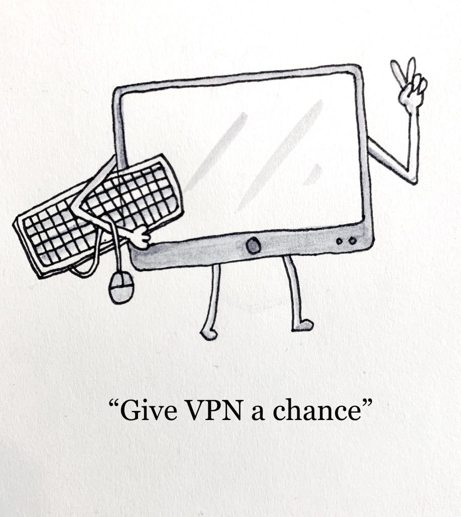 Illustration of a desktop computer holding its own mouse and keyboard. Illustration titled "Give VPN a chance"