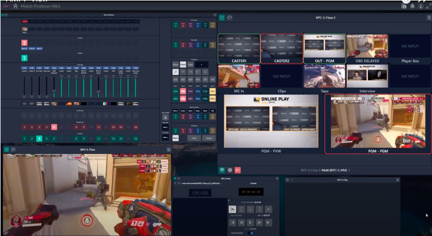 The Overwatch League GV AMPP setup features, clockwise from top left, a virtual audio mixer, switcher, multiviewer, program preview/playout, clip player, and on-air feed.