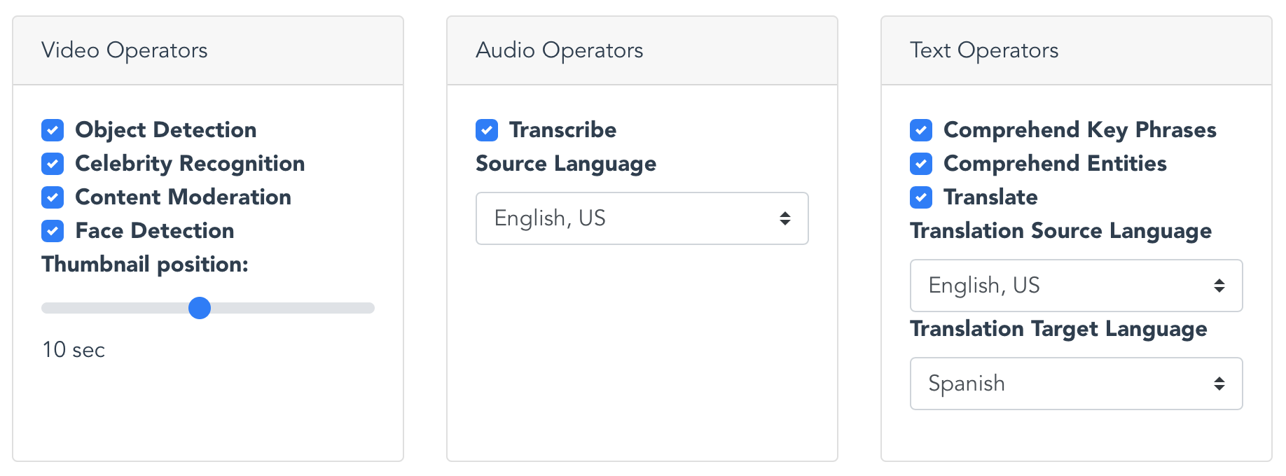 Image of table showing selectable AI services