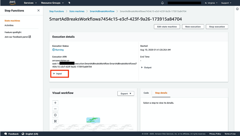 The picture shows the AWS Step Function console and where to fetch relevant information on the workflow