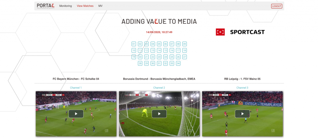 The streaming platform architected by DFL and Logic Media is powered by virtualized content management UI, showing three channel feeds