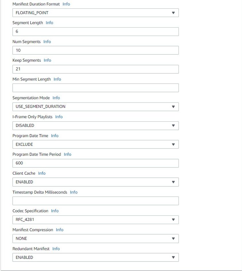 The preceding picture depicts MediaLive Manifest and Segments Settings