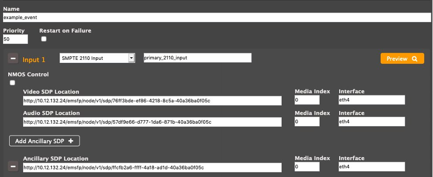 SMPTE 2110 Input is selected with Video and Audio SDPs added to the configuration