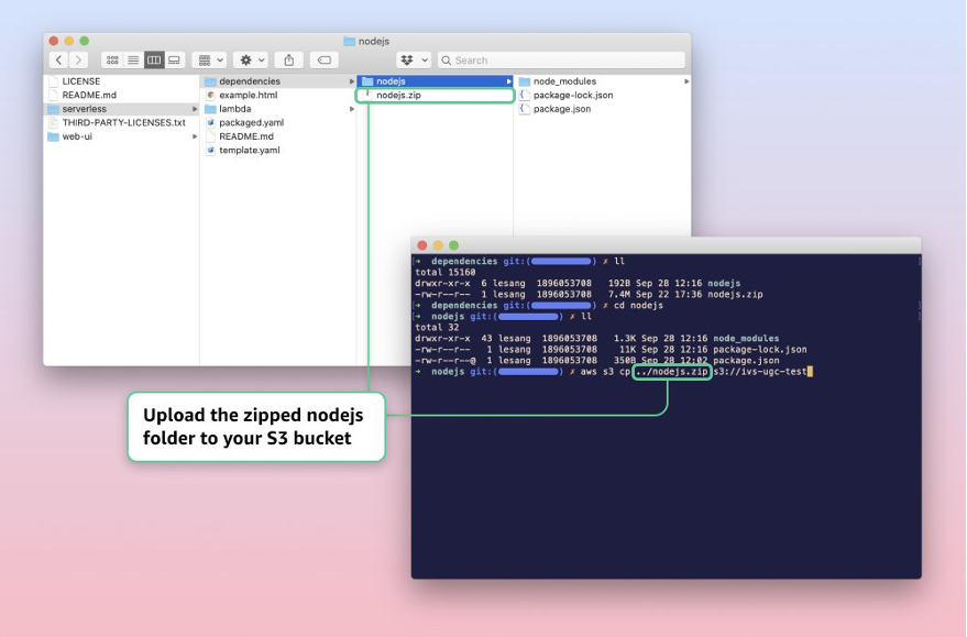 File browser window and terminal window showing how to upload the zipped nodejs folder to the S3 bucket.