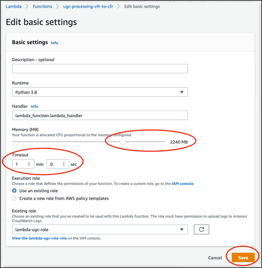 Editing basic settings of the Lambda function to increase Memory and Timeout values: move the slider to set Memory size to 2240 MB and input “1 min 0 sec” for Timeout, then choose Save.