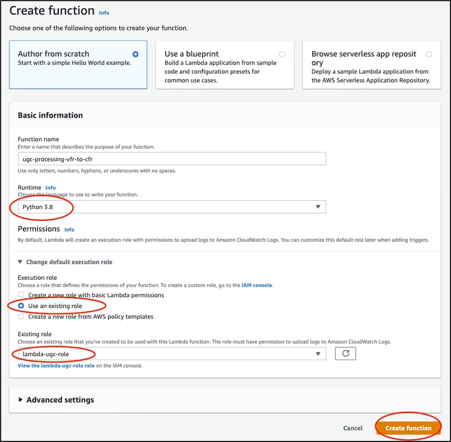 Authoring a Lambda function from scratch in Lambda console: choose Author from scratch. Input the Function name and select “Python 3.8” under Runtime. For Permissions, choose Use an existing role and choose the role we created in first step, then choose create function