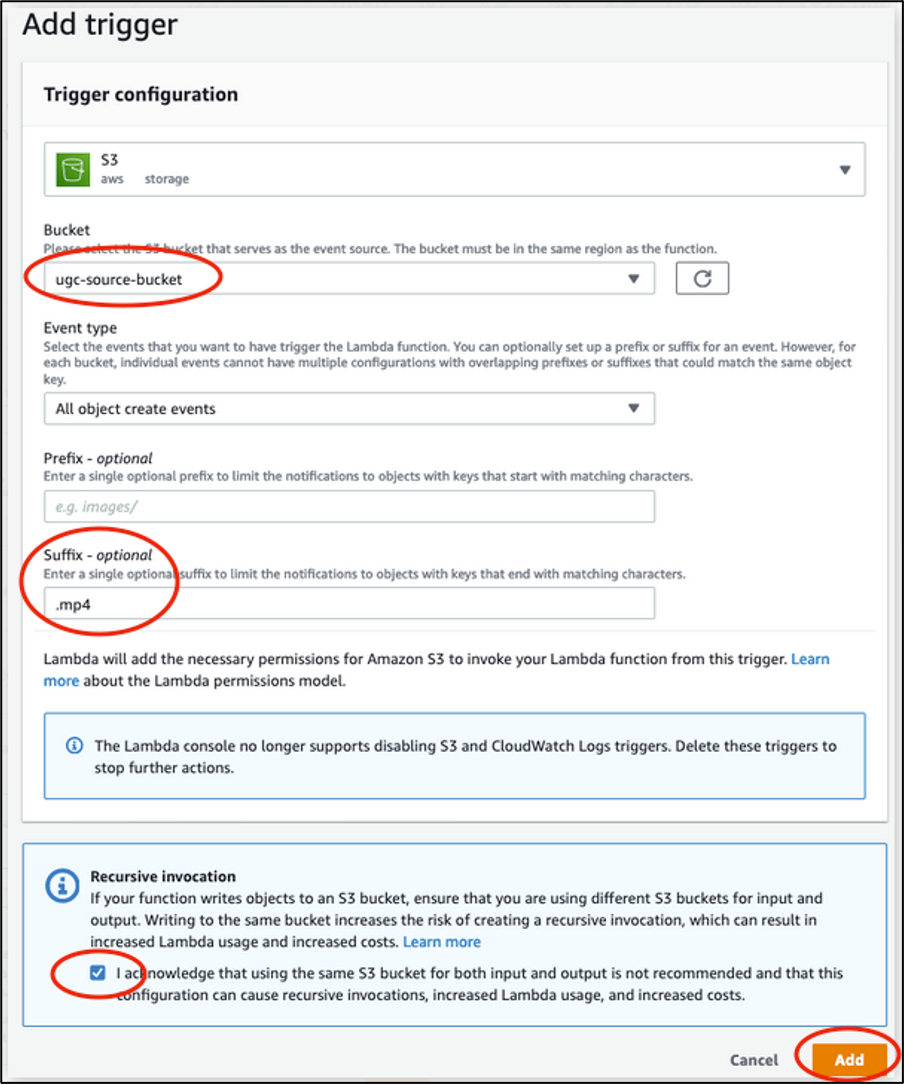 Adding an Amazon S3 trigger from the source bucket to the Lambda function in the console: under Bucket, select the source bucket. Select “All object create events” for Event type. Input “.mp4” as Suffix. Read the Recursive invocation section, and acknowledge by checking the box, then choose Add.