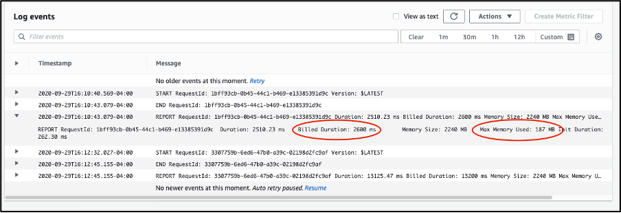 Example of Lambda function invocation logs in CloudWatch console: you can find in the Log stream code errors and debug messages. For each invocation, you can read the Billed Duration and Max Memory Used values.